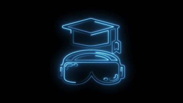 Glowing blue neon outline of graduation cap above V R headset on black background icon