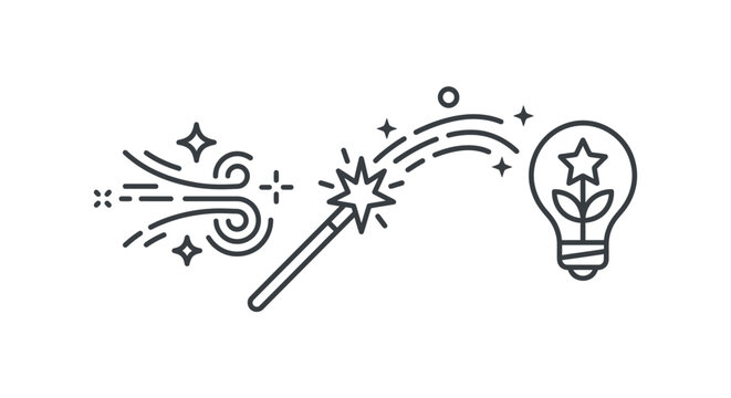 A minimalist line art illustration featuring a magic wand casting a spell on a lightbulb.