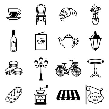Collection of sixteen black and white representing a parisian cafe, including coffee, pastries, street lamps, and menu signage