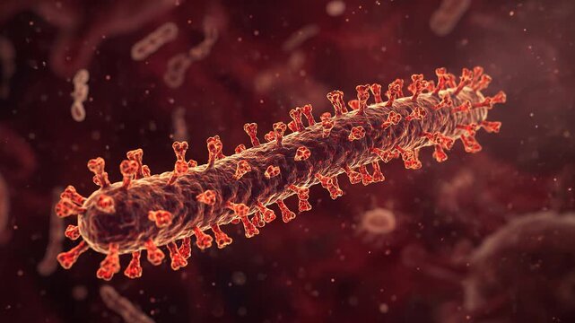 Close up 3D Microscopic View of a Deadly Filovirus Pathogen Structure Floating in a Biological Fluid Environment for Medical Research and Disease Prevention