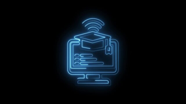 Glowing blue neon outline of a computer monitor displaying a graduation cap and Wi- Fi icon