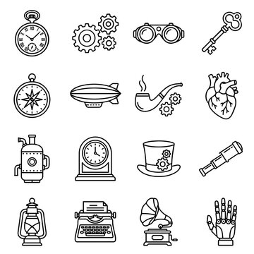 Collection of steampunk style line featuring vintage mechanical and scientific tools on a plain white background