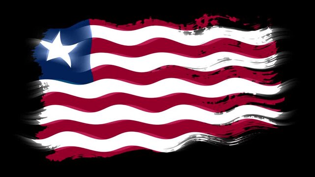 Waving torn Liberia flag grunge brush burn light leaks, transparent background alpha channel loop full HD