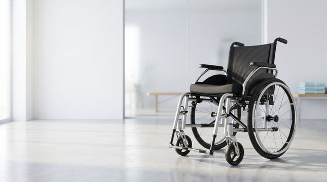 Wheelchair empty indoor modern room medical mobility aid black silver patient care hospital clinic accessible disability transport seat wheel frame handrail footrest cushion compact clean bright