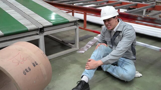 Injured factory worker sitting on the floor after a workplace accident, holding his leg in pain near industrial machinery, highlighting occupational safety hazards and insurance claims.