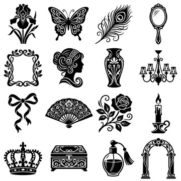 Collection of sixteen vintage-themed black and white including a crown, butterfly, rose, mirror, chandelier, and other ornate