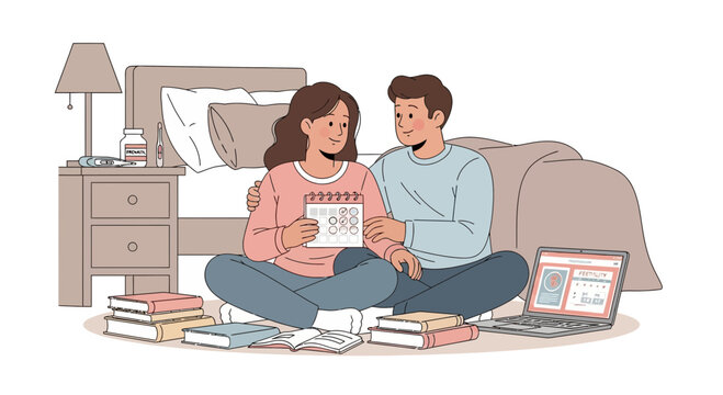 Couple Planning Future, Pregnancy Calendar, Studying, Laptop