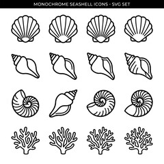 Monochrome seashell and coral collection featuring various spiral shells, bivalves, and intricate sea life shapes in format © md razab 1122