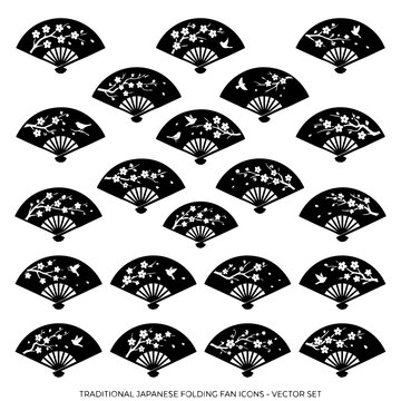 Collection of traditional japanese folding fan featuring sakura blossoms and birds on a white background
