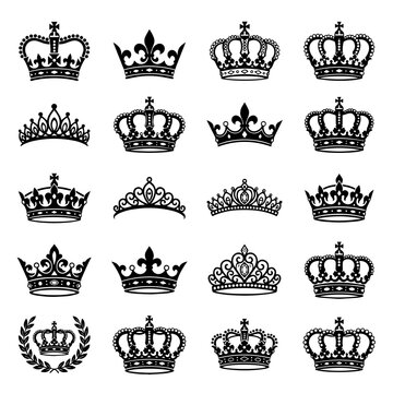 Collection of sixteen black royal crown and heraldic symbols isolated on a white background, for luxury branding and