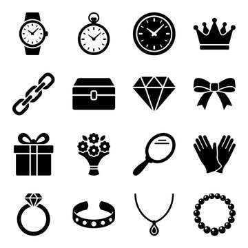 Collection of black jewelry and accessory featuring watches, diamonds, rings, necklaces, gifts, and bows on a white background