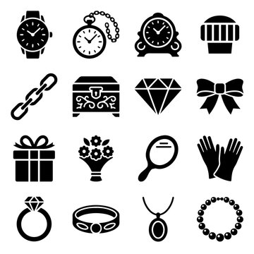 Collection of black jewelry and accessory featuring watches, diamonds, rings, necklaces, gifts, and bows on a white background