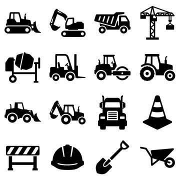 Collection of sixteen black silhouette depicting heavy construction machinery, industrial vehicles, and essential building site equipment
