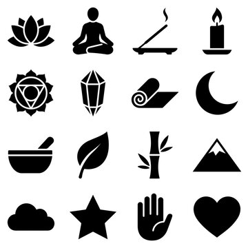 Collection of sixteen black silhouette representing yoga, meditation, spirituality, wellness, and nature on a white background