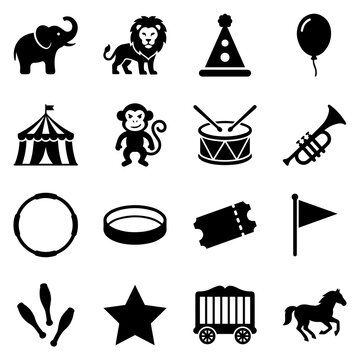 Collection of sixteen circus and carnival themed featuring elephants, lions, party hats, balloons, tents, monkeys, drums, and trumpets