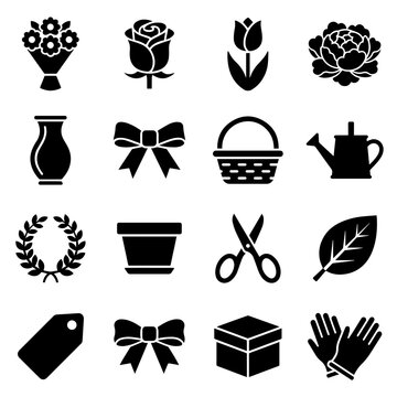 Set of black gardening and floral featuring flower bouquet, rose, tulip, peony, vase, ribbon, basket, watering can, wreath, and gloves