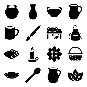Set of black household and craft including pottery, vases, bowls, brushes, candles, and baskets on a white background