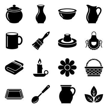 Set of black household and craft including pottery, vases, bowls, brushes, candles, and baskets on a white background