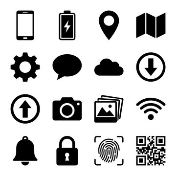 Set of black technology and digital interface including smartphone, battery, location, gear, cloud, camera, and lock on white