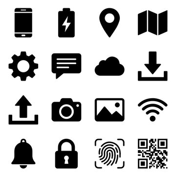 Set of black technology and digital interface including smartphone, battery, location, gear, cloud, camera, and lock on white