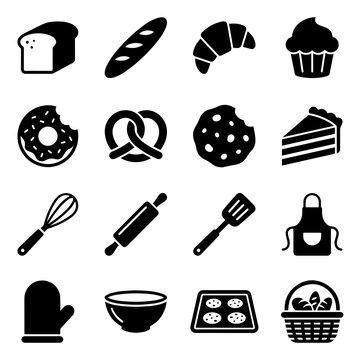Collection of sixteen black silhouette representing bakery kitchen utensils, and baking tools isolated on a white background