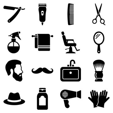 Collection of sixteen black silhouette representing barber shop tools, grooming equipment, and accessories on a white background