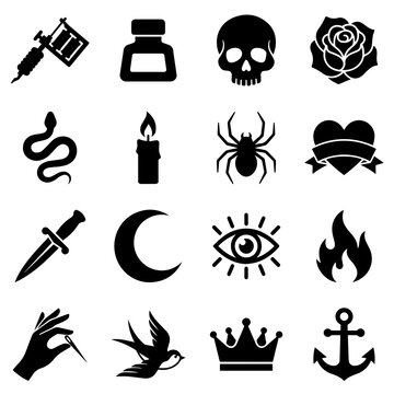 Collection of sixteen black silhouette representing tattoo studio equipment, traditional tattoo symbols, and on a white background