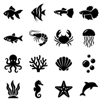 Collection of sixteen black aquatic life and sea creature including fish, octopus, crab, shrimp, and coral on a white background