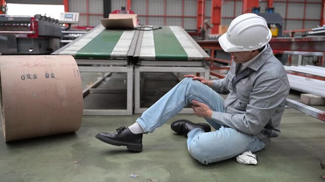 Injured factory worker sitting on the floor after a workplace accident, holding his leg in pain near industrial machinery, highlighting occupational safety hazards and insurance claims.