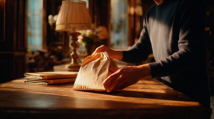 Obraz premium Carefully wrapping a parcel on a wooden table highlights packaging, shipping preparation, ecommerce fulfillment and small business operations.