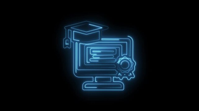 Glowing blue neon graduation cap diploma certificate on computer screen abstract digital... icon