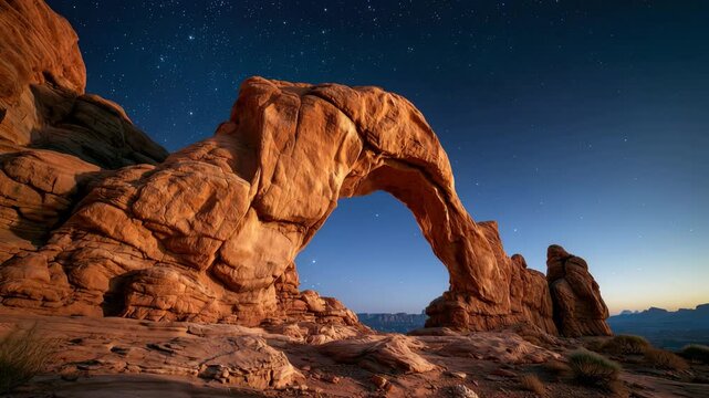 Massive sandstone arch under starry twilight sky in dramatic desert landscape