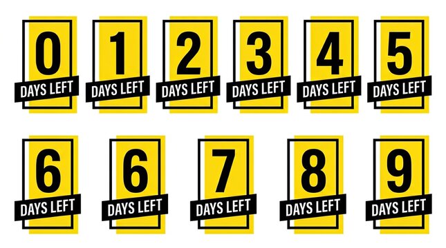 Countdown timer graphics featuring bold yellow squares with black numbers 0 through 9 and 'days left' text ideal for sales events