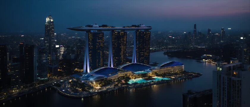 Singapore Marina Bay Sands Night Cityscape Aerial View Composite