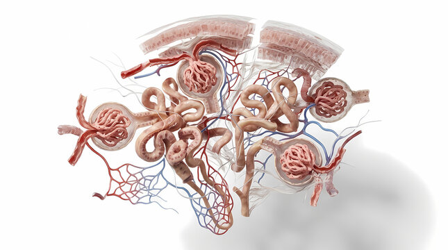 Detailed Medical Illustration of Glomeruli and Renal Tubules