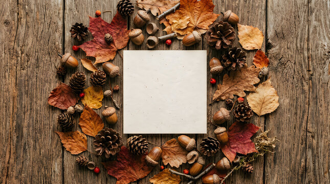 Autumnal flatlay with blank paper and natural elements