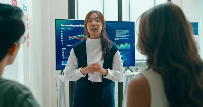 Group of Asian businesspeople work together leads business meeting uses presentation TV with revenue, profit or sale statistics in office. Financial generation z team brainstorm on e-Commerce project.