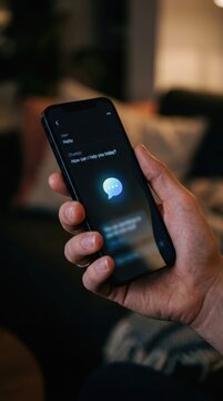 Man holding smartphone with AI chatbot interface on screen. Mobile device showing digital conversation assistant. Innovative technology for customer support, automated communication and help.