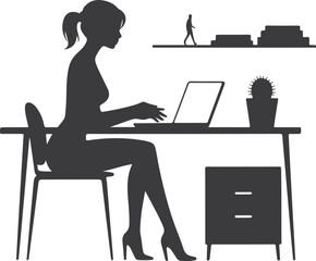Fototapeta premium Silhouette of Woman Working at Desk with Laptop Modern Office Workspace Illustration