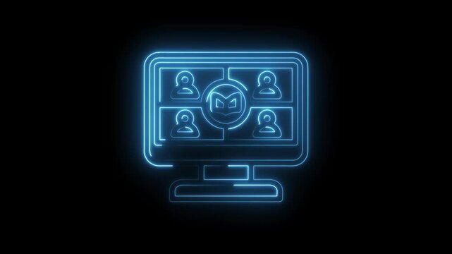 Neon blue glowing computer screen displaying a video conference with four participants and a... icon