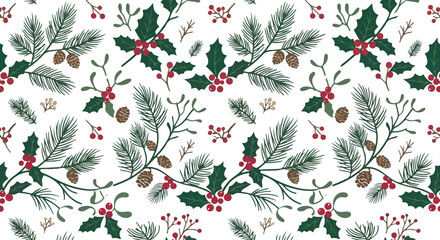 festive winter holiday foliage pattern background vector with elegant hand drawn evergreen twigs red winterberries and eucalyptus leaves design © Mirja