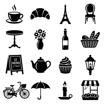 Set of sixteen black silhouette depicting parisian cafe culture, food, and city landmarks isolated on a white background