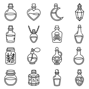 Set of sixteen potion bottle in black and white, featuring various magical glass containers, vials, and flasks for fantasy themes