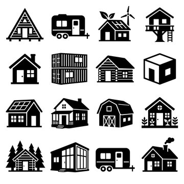 Set of sixteen tiny house featuring various architectural styles like cabins, trailers, and treehouses on white background