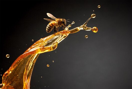 Honey splash with bee flying on dark background in dramatic macro scene