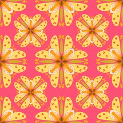 Obraz premium Sweet Retro Folk Floral Seamless Pattern with Heart Petals on Pink Background