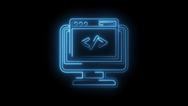 Neon blue glowing computer monitor displaying code symbols on black background abstract icon