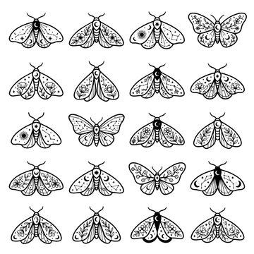 Set of twenty mystical moth featuring celestial patterns with moons, stars, and floral motifs in black and white line style