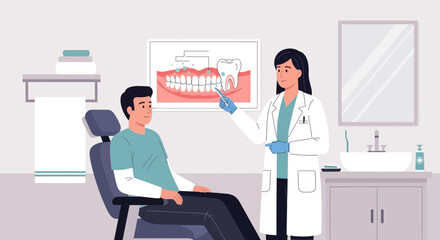Fototapeta premium Dentist Explaining Dental Hygiene to Patient with Tooth Diagram