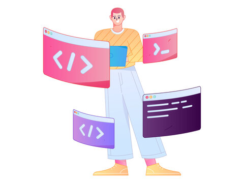 Programming teaching development flat character vector concept operation hand drawn illustration
